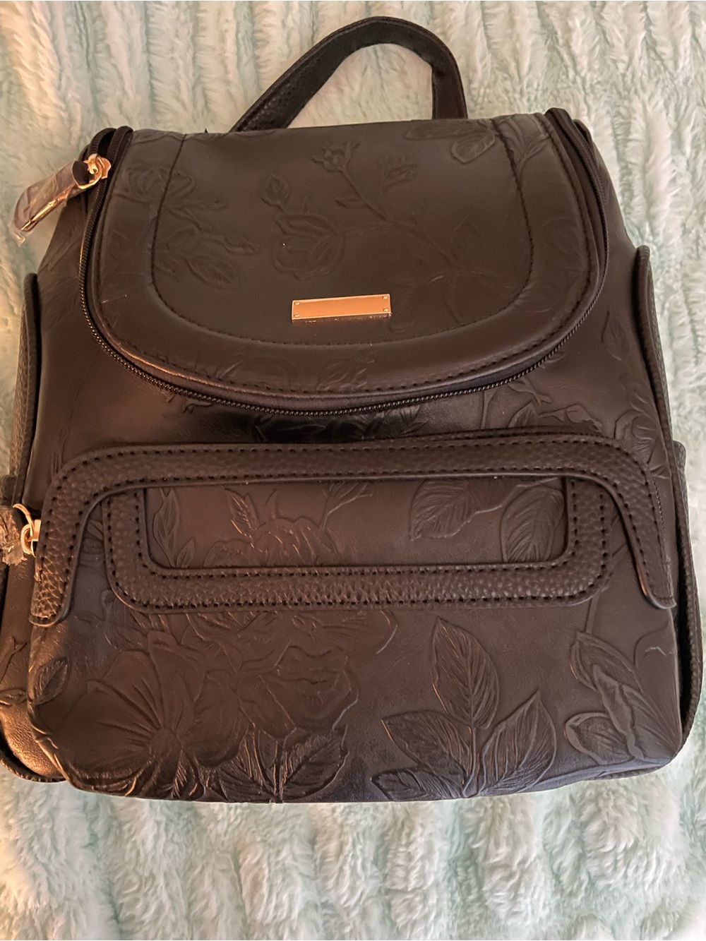 NWOT Elegant Black Floral Embossed Women's Backpack  vegan leather